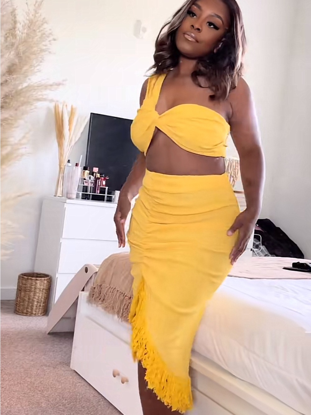 Yellow Ruched Fringe Midi Skirt Set- Women